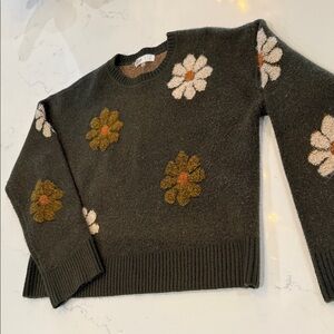 Floral Embroidered Crew Neck Sweater - Olive
